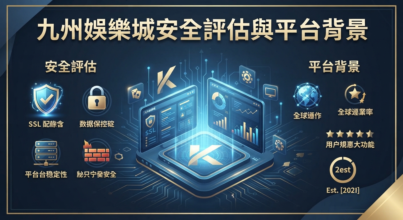 圖片展示了「九州娛樂城安全評估與平台背景」的主題，背景採用深藍色科技感設計。 畫面中央結合了數據圖表、資安防護圖標與平台標誌，突顯安全與背景評估的概念。