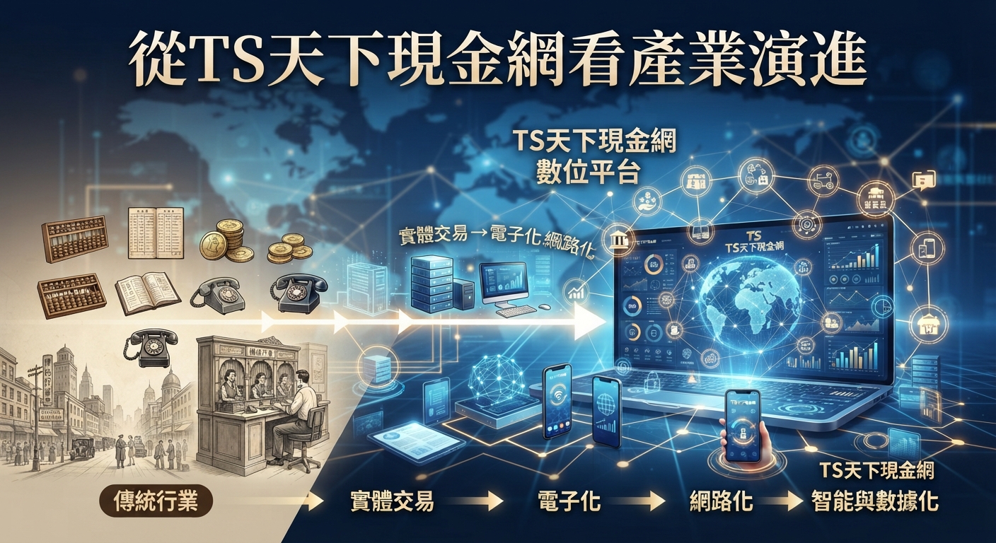 圖片展示了從傳統行業演進到數位平台的產業變遷過程。 上方醒目地標示著「從TS天下現金網看產業演進」的主題文字。